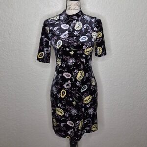 Current Project Black Floral Velvet Mock Neck Keyhole Back Mini Dress S